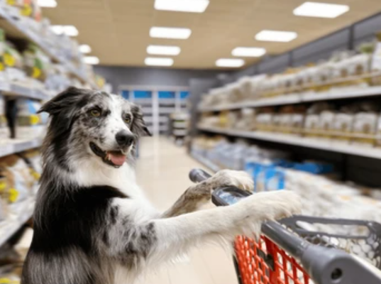 A dog enjoying shopping