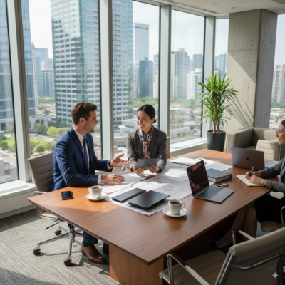 A friendly negotiation taking place between a retailer and a manufacturer in a modern office.