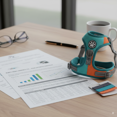 A business plan document with charts and forecasts next to a dog harness sample.