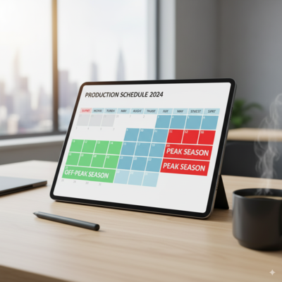 A calendar highlighting factory peak seasons in red and off-peak seasons in green.