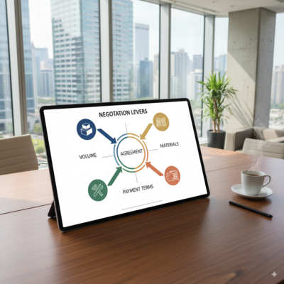 A diagram showing different levers of negotiation: volume, materials, payment terms, and lead time.