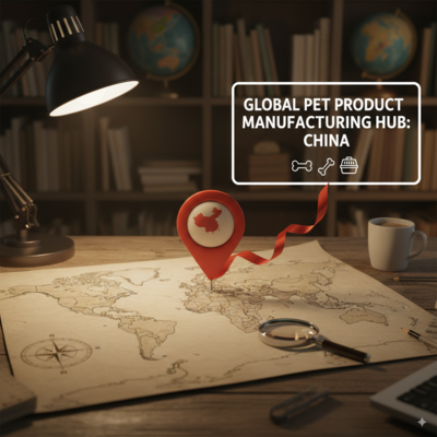 A world map with a pin highlighting China as a major manufacturing hub for pet products.