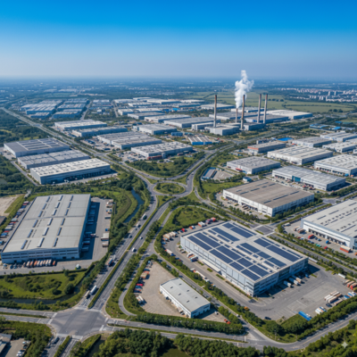 An aerial view of a massive industrial park with factories and warehouses.