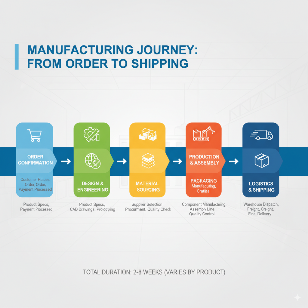 A timeline graphic showing the stages of manufacturing from order confirmation to shipping.