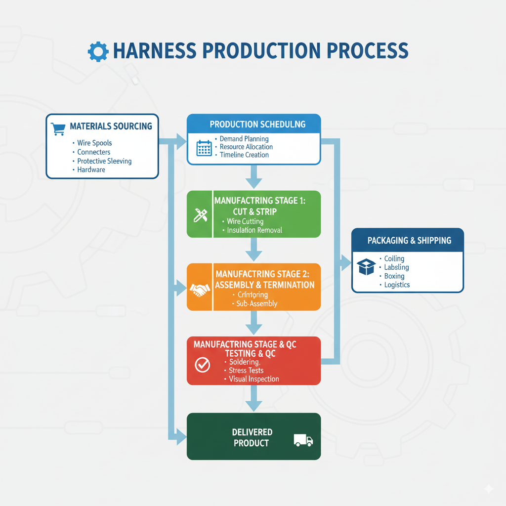 A flowchart showing the different stages of harness production: materials, scheduling, manufacturing, and packaging.