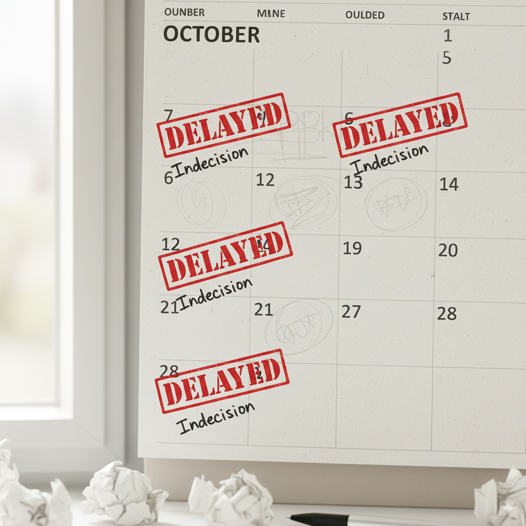 An image of a calendar with red "DELAYED" stamps over several dates due to indecision.