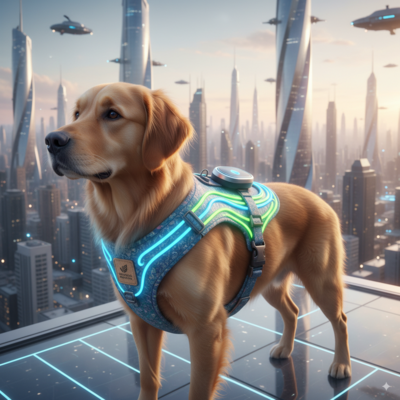 A futuristic dog harness with glowing LED strips, sustainable material tags, and a small GPS unit attached.