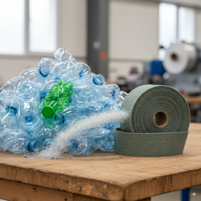 A roll of rPET webbing next to a pile of recycled plastic bottles, showing the transformation.