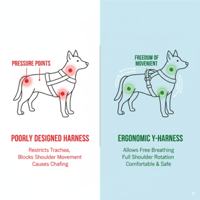 A diagram comparing the pressure points of a poorly designed harness versus the freedom of an ergonomic Y-harness.