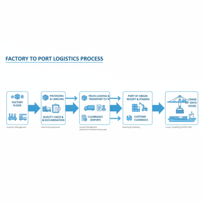 A flowchart showing the logistics process from the factory floor to the shipping port.