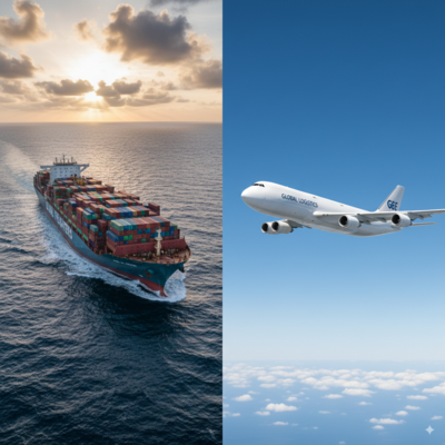 A split image showing a cargo ship on one side and a cargo plane on the other.