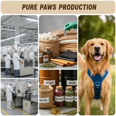 A collage showing a safe factory, non-toxic materials, and a happy dog wearing a harness.