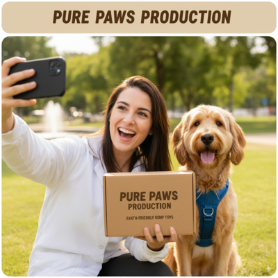 A happy customer taking a selfie with their dog and an ethically-branded pet product.