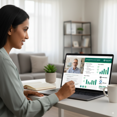 A procurement manager on a video call, looking at an audit report shared on the screen.