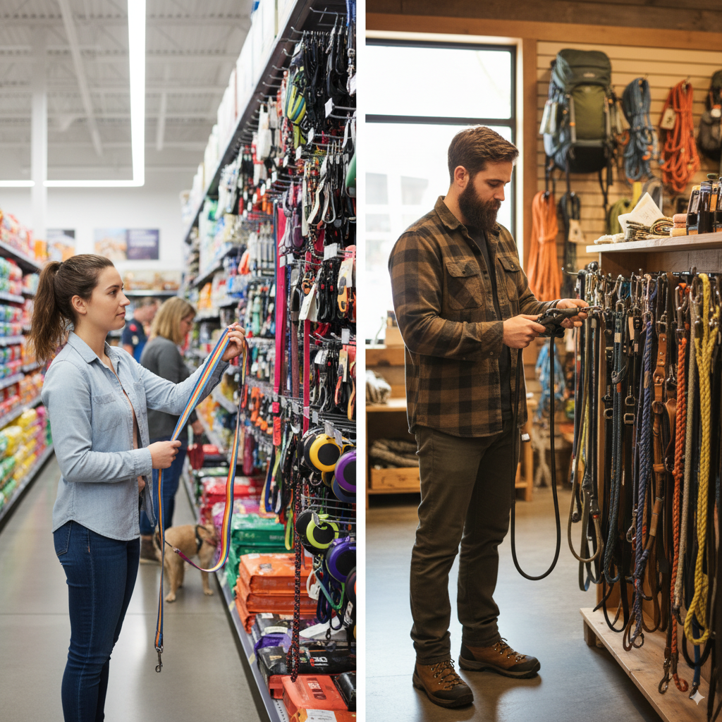 Two different customers shopping for leashes: one in a large pet store, the other in an outdoor gear shop.