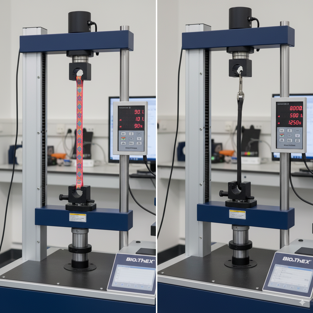 A lab machine testing the tensile strength of both a Nylon and a BioThane strap.
