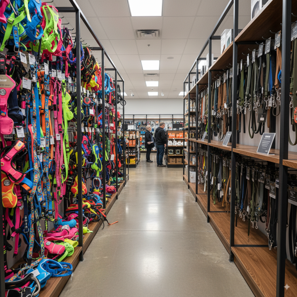 A retail store aisle, with one side full of colorful Nylon products and the other with a curated selection of BioThane gear.
