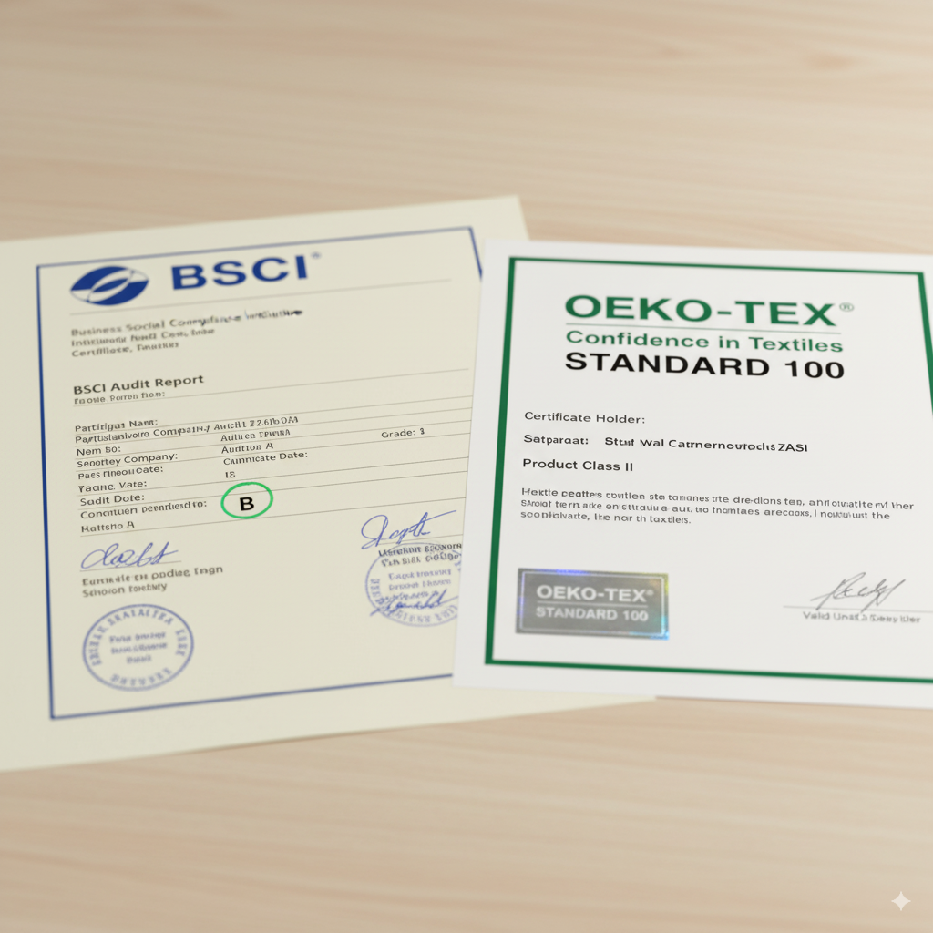 Close-up of official BSCI and OEKO-TEX&reg; certification documents.