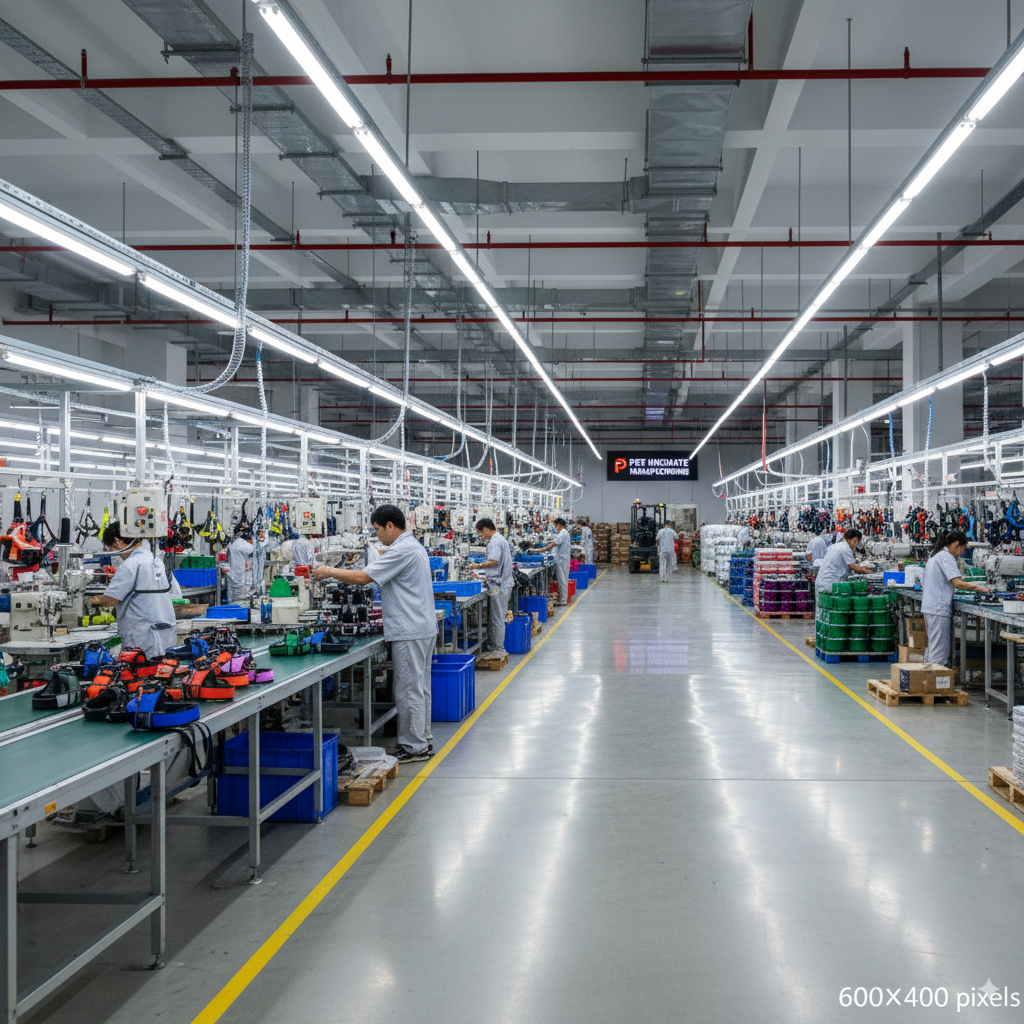 A modern, spacious factory floor with multiple production lines for pet harnesses.