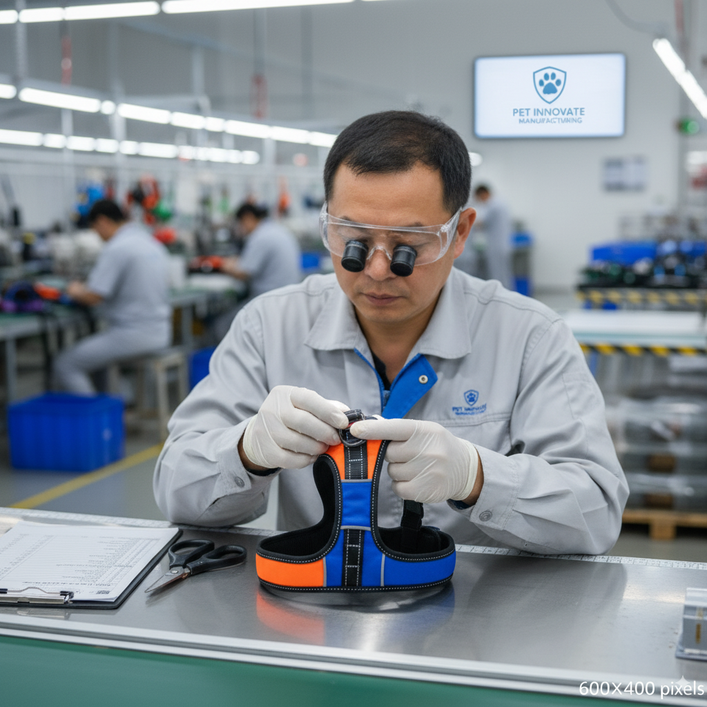 A quality control inspector carefully checking the stitching on a dog harness.