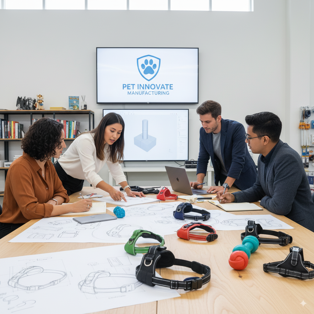 A design team collaborating around a table with sketches and prototypes of new dog harnesses.