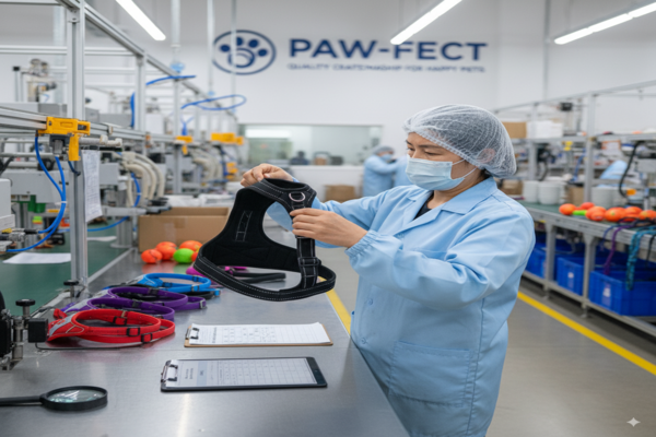 Quality control inspector checking a dog harness