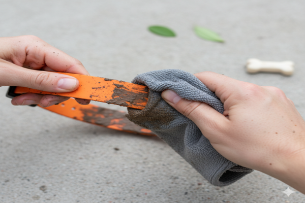 person easily wiping a muddy biothane collar clean