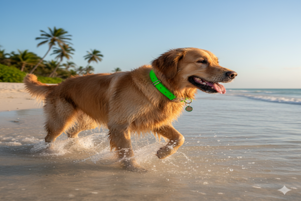 dog wearing a biothane collar at the beach