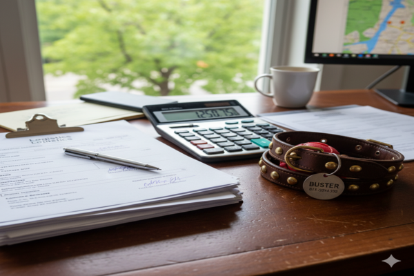 a desk with a calculator, shipping documents, and a dog collar
