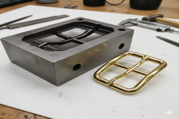 a custom metal buckle mold next to a finished dog collar buckle