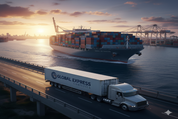 a cargo ship and a freight truck to illustrate shipping logistics