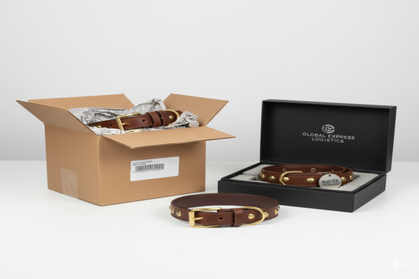 a comparison between bulky packaging and sleek, optimized packaging for a collar