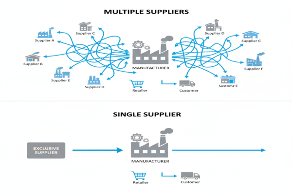 a confusing diagram with arrows pointing to multiple suppliers vs a clean line to one supplier