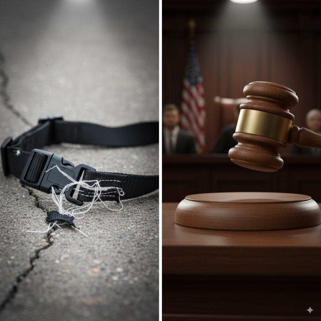 A split image: on one side, a cheap, broken harness; on the other, a courtroom gavel.
