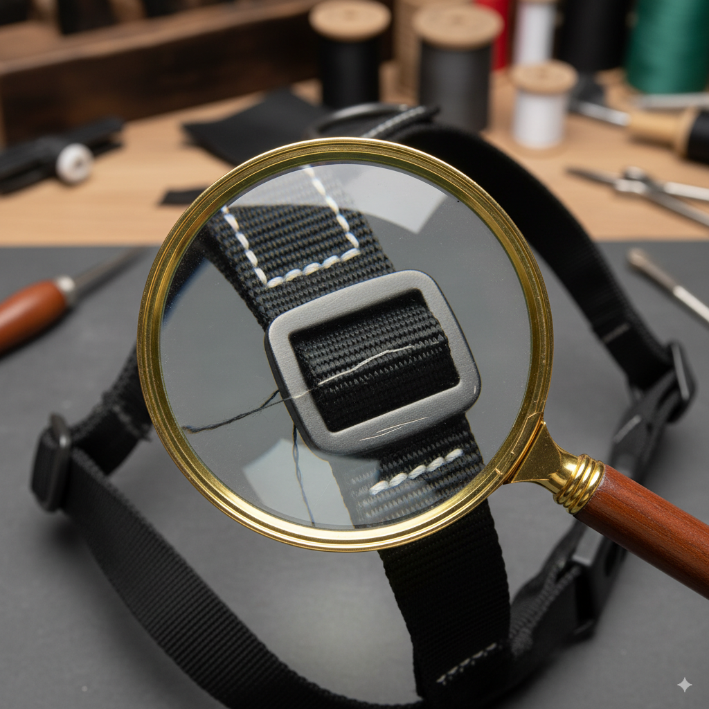 A magnifying glass hovering over the stitching and buckle of a dog harness, highlighting potential flaws.