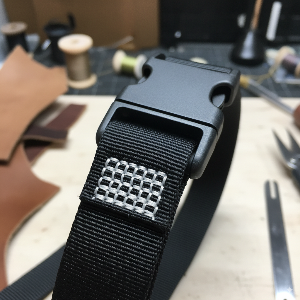 A close-up image showing reinforced bar-tack stitching on a dog harness strap connected to a buckle.