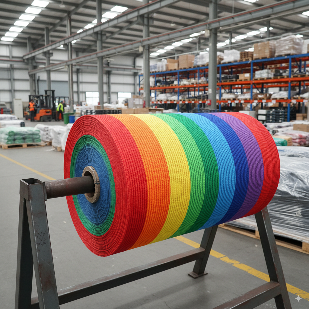 A large roll of colored webbing fabric in a factory warehouse.
