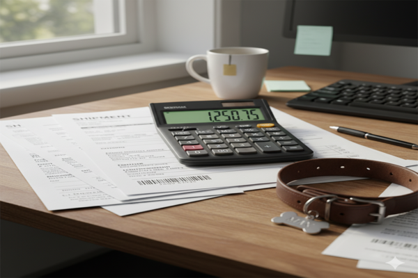a desk with a calculator, shipping documents, and a dog collar