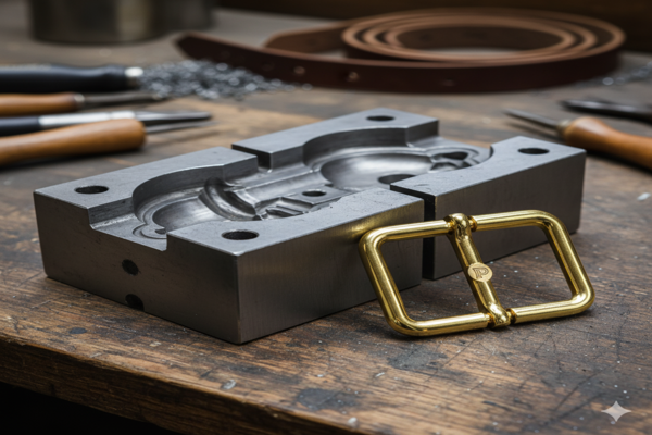 a custom metal buckle mold next to a finished dog collar buckle