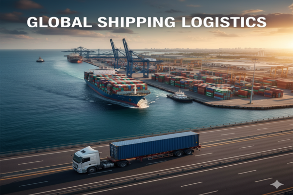 a cargo ship and a freight truck to illustrate shipping logistics