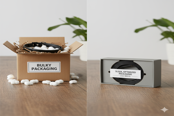 a comparison between bulky packaging and sleek, optimized packaging for a collar