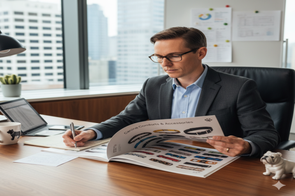 a procurement manager looking at a catalog of dog collars