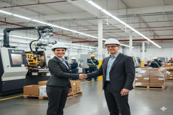 two business partners shaking hands in a manufacturing facility