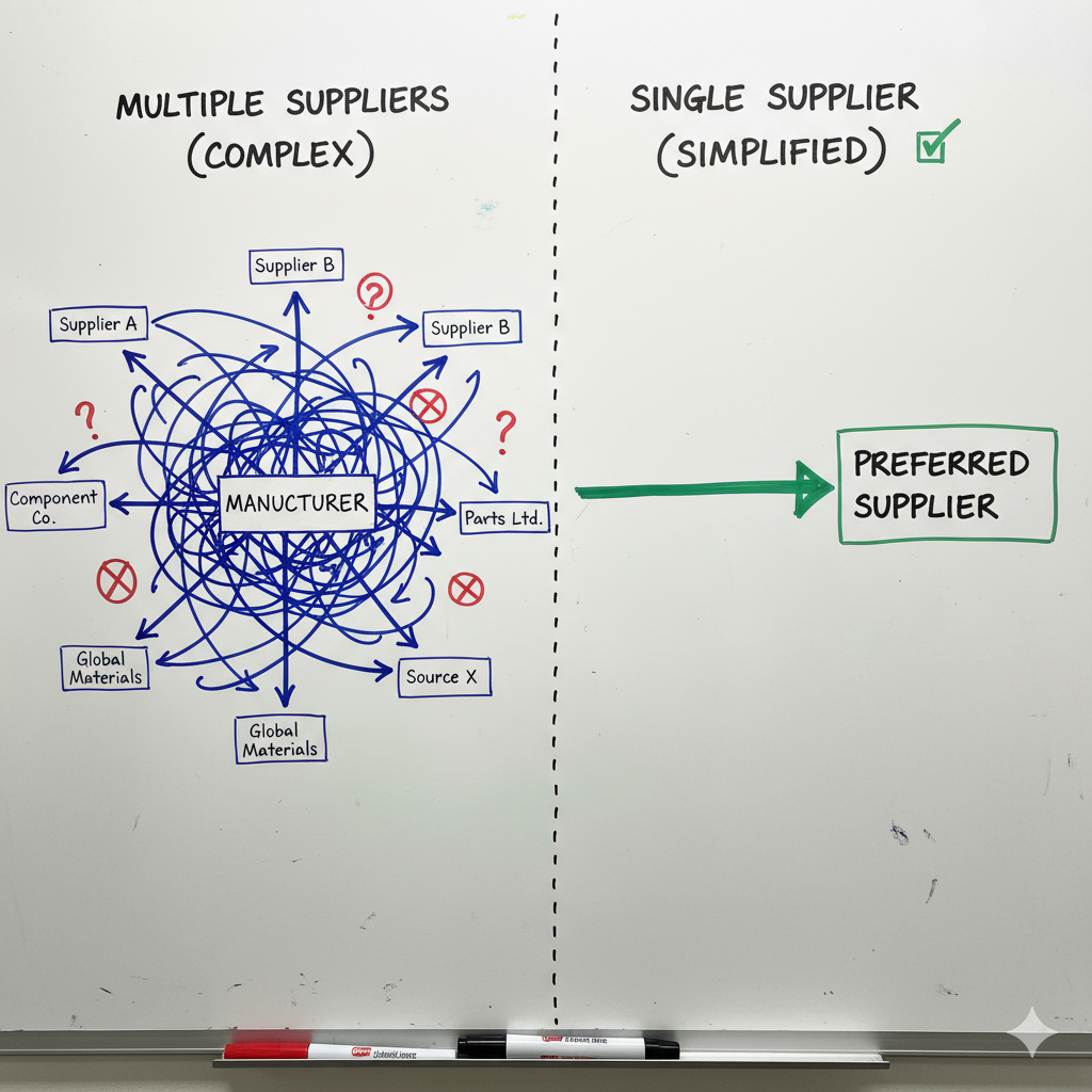 a confusing diagram with arrows pointing to multiple suppliers vs a clean line to one supplier