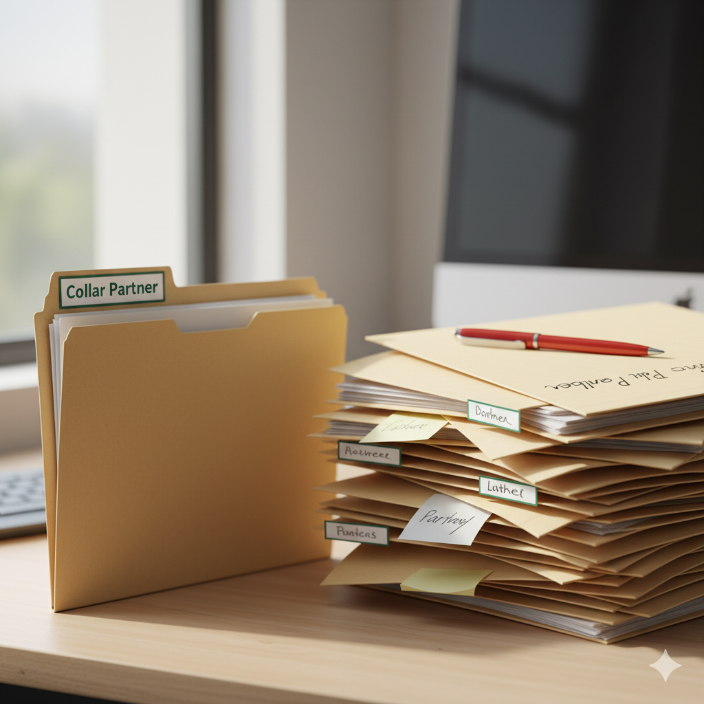 a single, organized file folder labeled "Collar Partner" next to a messy stack of folders