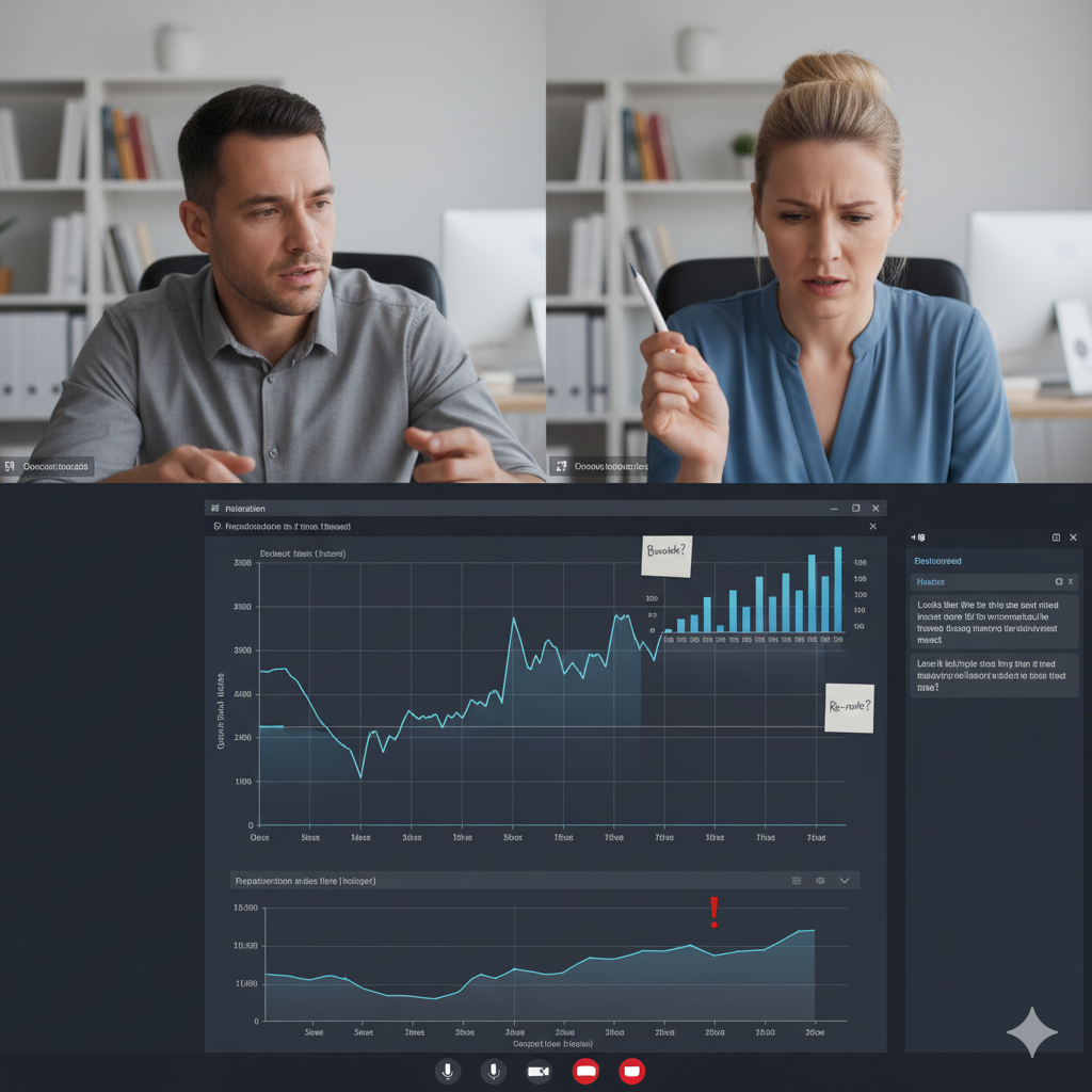 two people on a video call looking at production charts and solving a problem