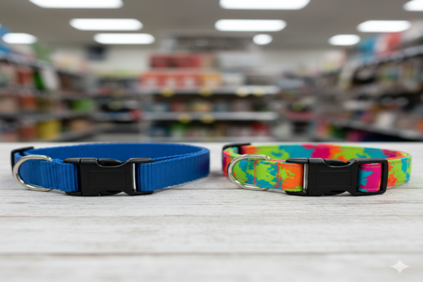 a side-by-side comparison of a solid color nylon collar and a brightly patterned polyester collar