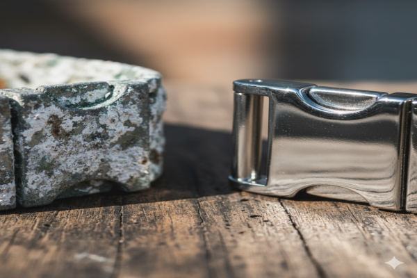 a close-up shot of a corroded zinc alloy buckle next to a shiny stainless steel buckle