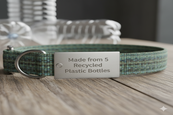a dog collar with a tag that says "Made from 5 Recycled Plastic Bottles"