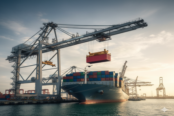 a container being loaded onto a massive cargo ship at port